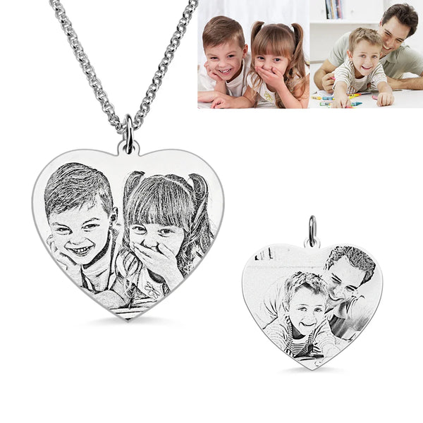 Silver Heart-Shaped Necklace with Engraved Photos on both Sides -Y1-TS67