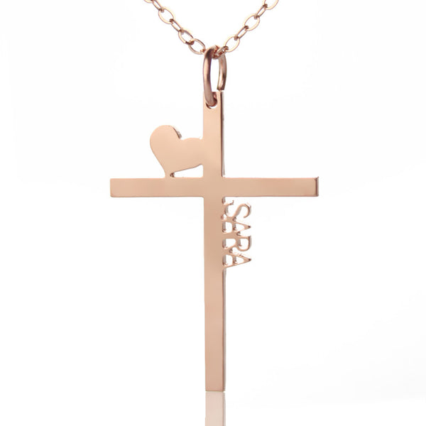 Personalized Silver Cross Name Necklace with Heart -Y1-CO18